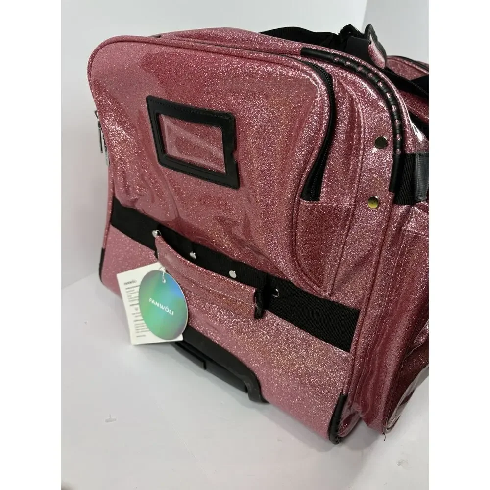 FANWOLI Rolling Pet Carrier Bag Pink Glitter Wheeled Travel Dog Cat